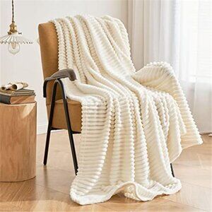 Fleece Throw Blanket Ribbed Jacquard Plush Flannel Couch Sofa Bed Blanket White